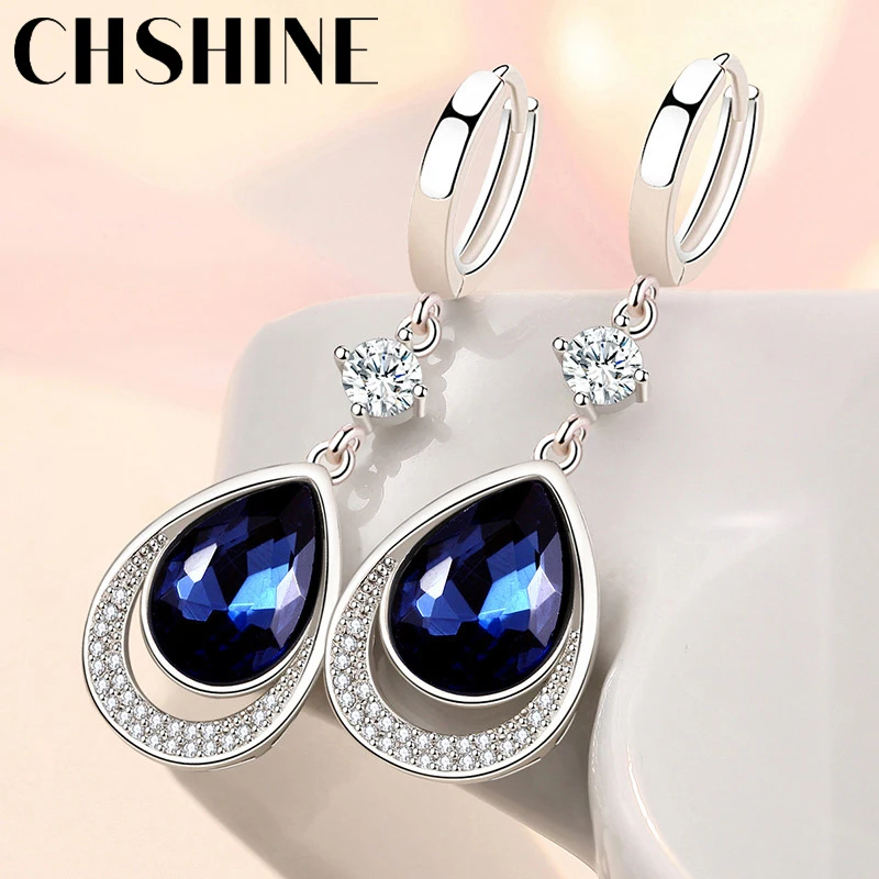 CHSHINE-925 Sterling Silver Water Drop Sapphire Brincos Para Mulheres, Jóias Da Moda, Banquete De Casamento, Presente De Festa