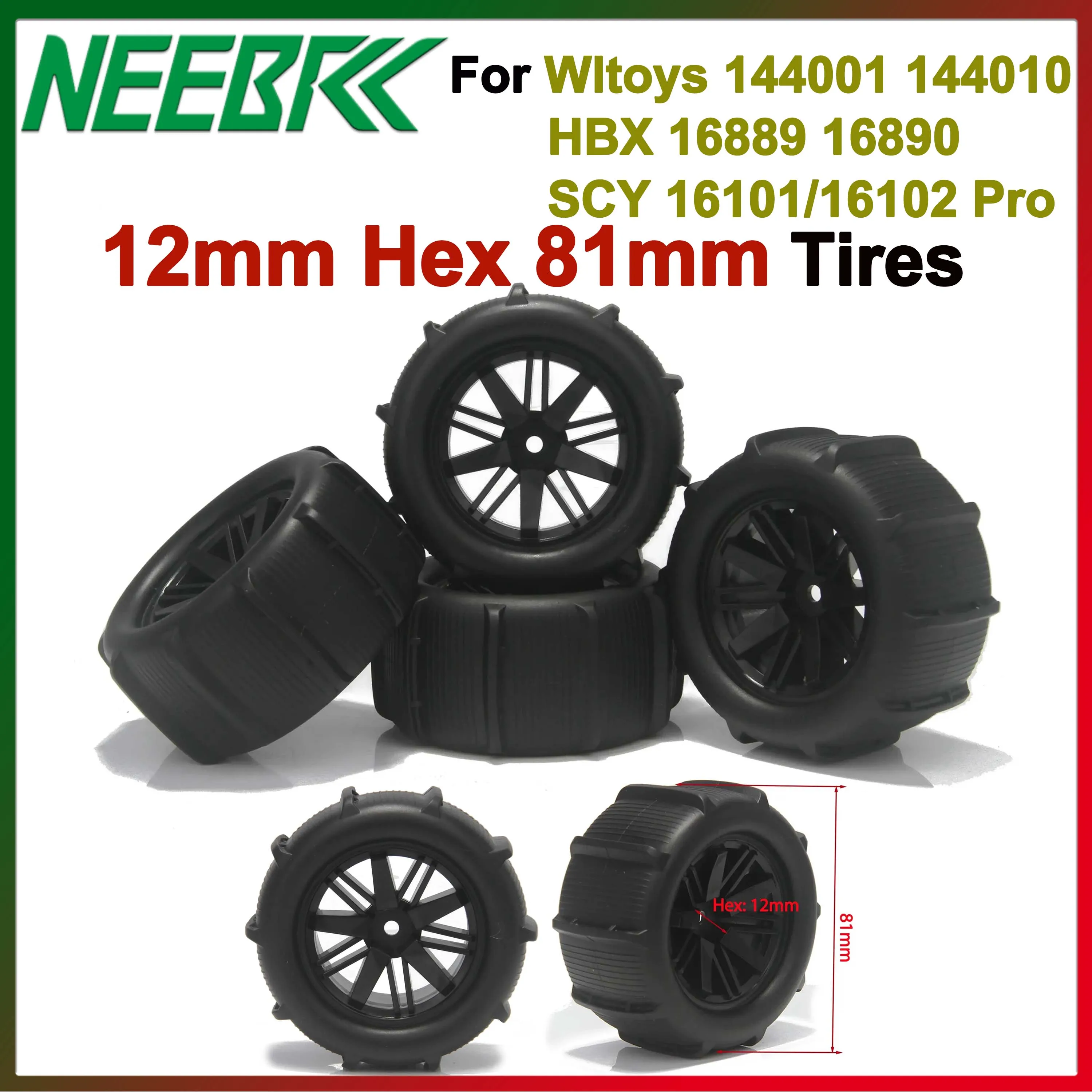 

12mm Hex Rubber Tyre 81mm Snow and Sand Mud Off-road Buggy Tires Wheel for Wltoys 144001 144010 HBX 16889 16890 SCY 16101 Pro