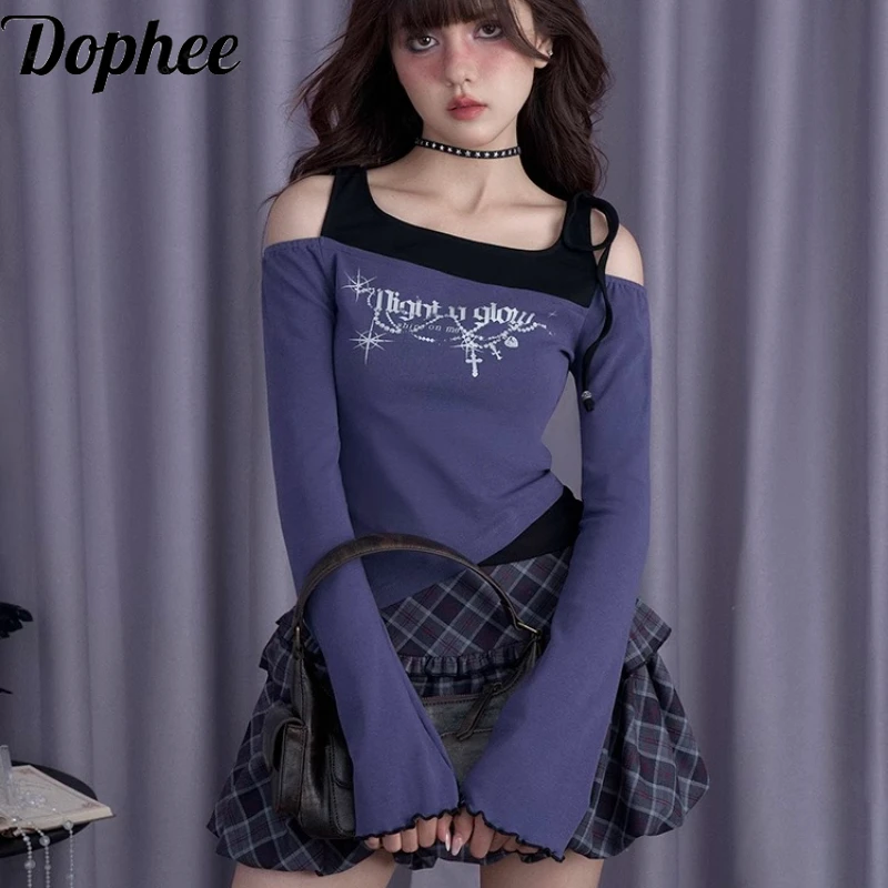 Dophee Hot Chick Faux Two-piece Long Sleeve T-shirt Autumn Winter Slimming Pullover Basic Top Sexy Off Shoulder Women T Shirts