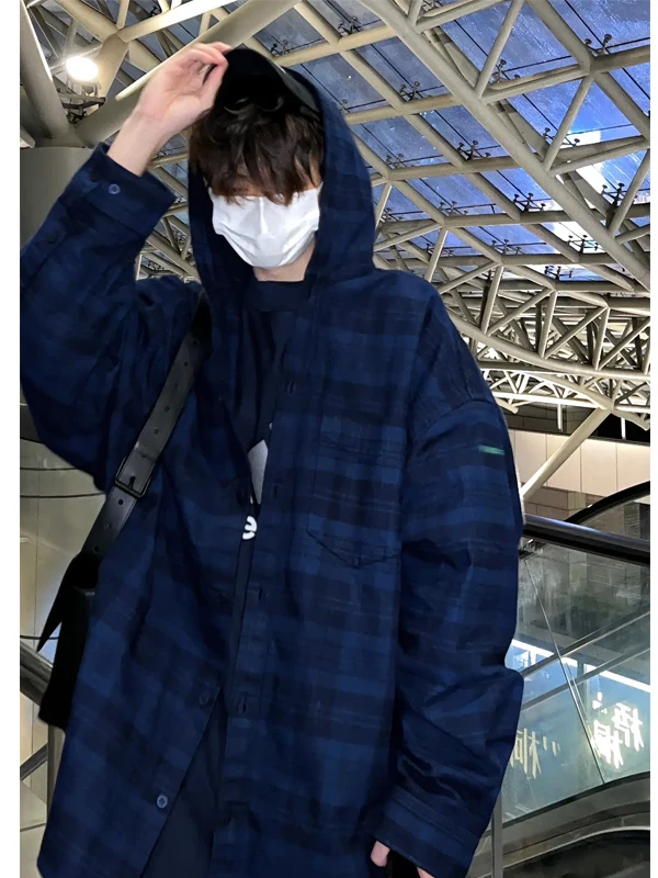 

American Retro Brued Plaid Men's Spring New Loose Long Sve irt Advanced Feeling Blue Hooded Coat Youth Trendy Regular Fit