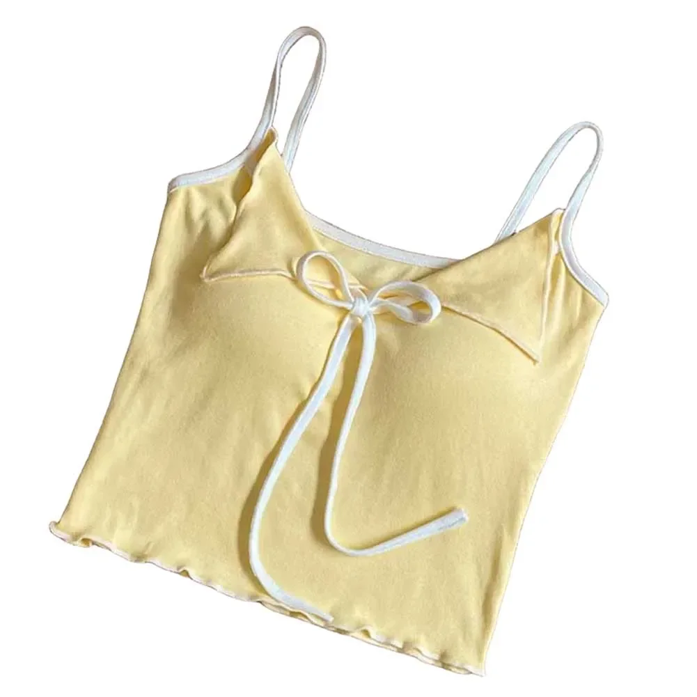 Bow Sleeveless Top Built In Bra Cotton Fabric Moderate Elasticity Regular Length Fit Simple Style Solid Color Top