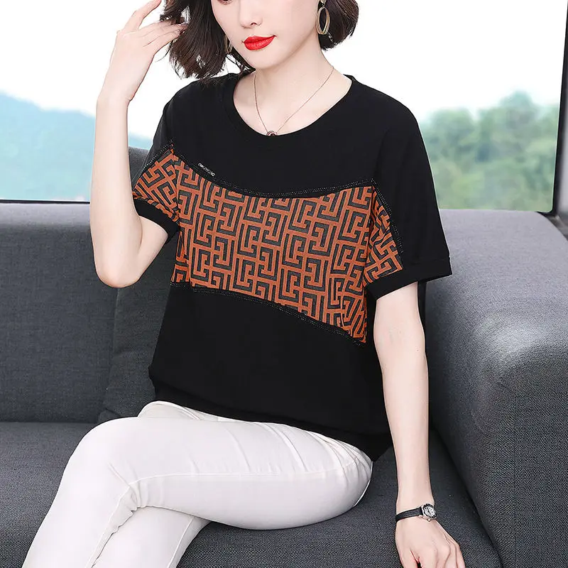 Women\'s Clothing Pullover Summer Short Sleeve Geometric Rhinestone Crew Neck Rivet Patchwork T-shirt Casual Comfortable Tops