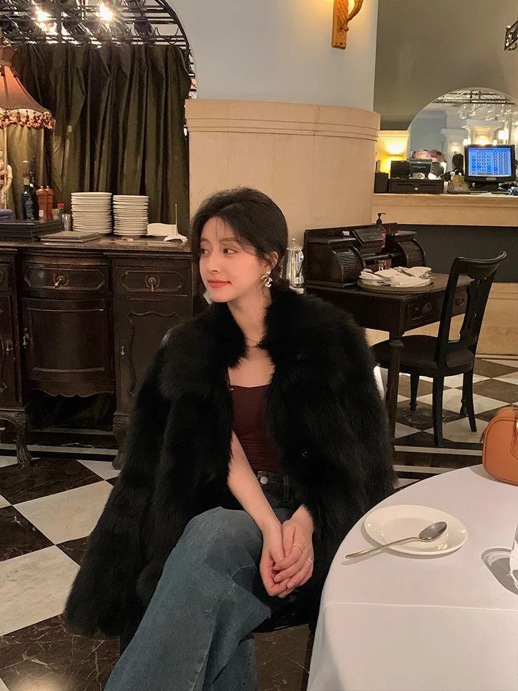 Women Faux Fox Fur Coats Solid Short Jackets Long Sleeves Turn Down Collar Open Stitch Loose Elegant Casual 2026 Autumn Winter
