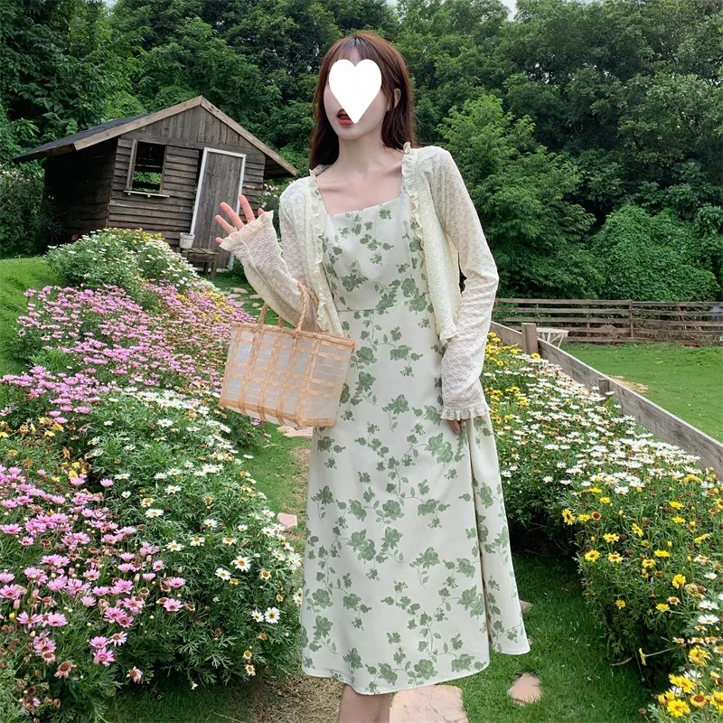 

French Floral Print Midi Dress Square Collar Slimming Fresh Style Women's Clothing Summer Dress For Women