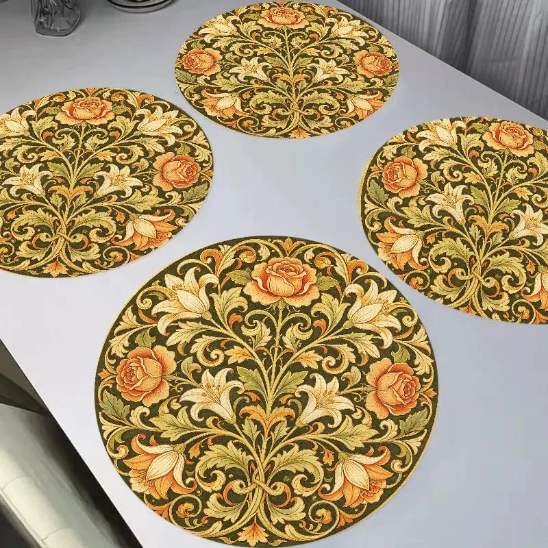VIKAMA Retro Morris Deep Bottom Rose Lily Round Linen Placemats, Heat Resistant Wear-Resistant for Table Decoration