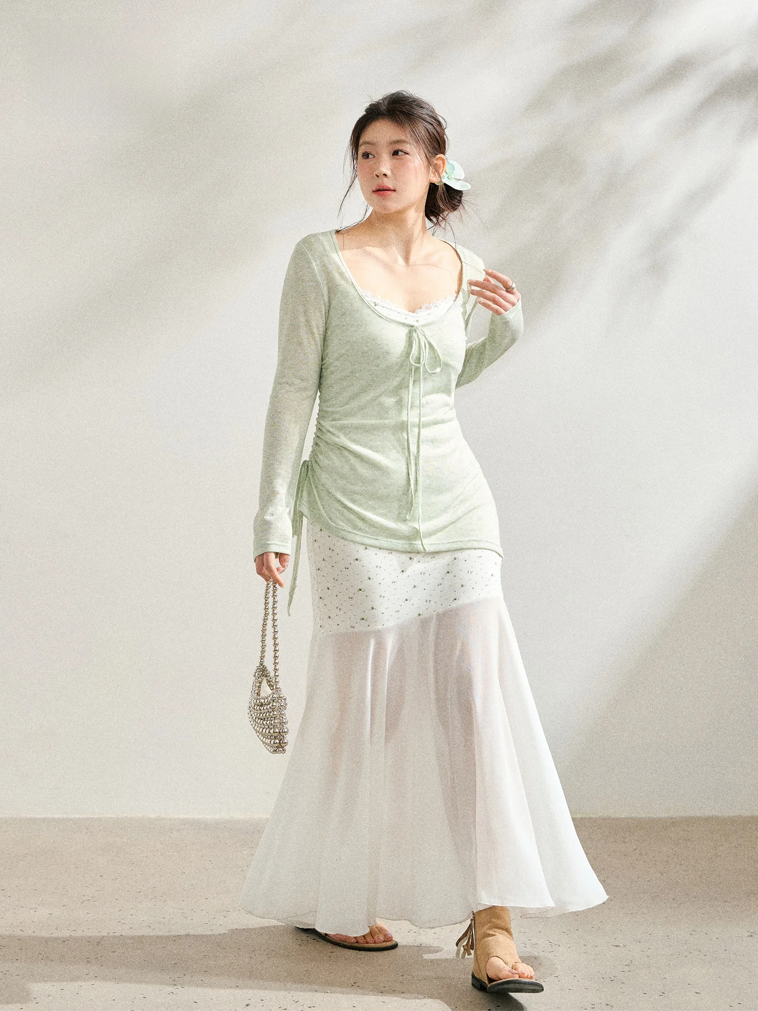 

plus Size Spring Floral Lace ter Dr Set Slimming Waist Long Sve High Waist Korean Sle Commute Fi Tail Skirt