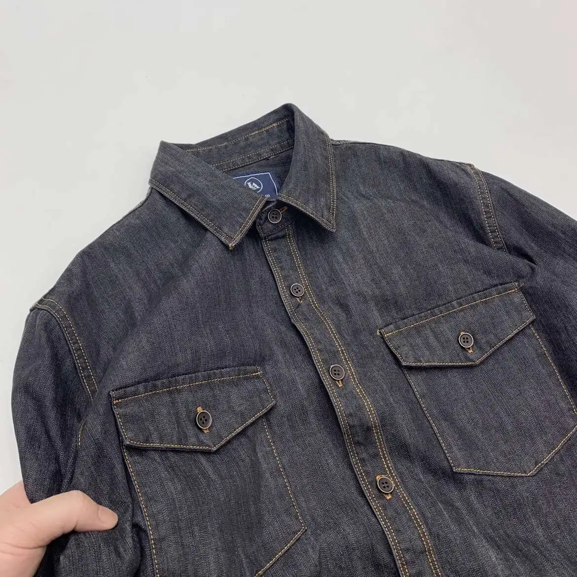 Heavyweight Washed Cotton Workwear Denim Shirt for Men Motorcycle Style Loose Fit Button Down Cargo Shirt with Chest Pocket