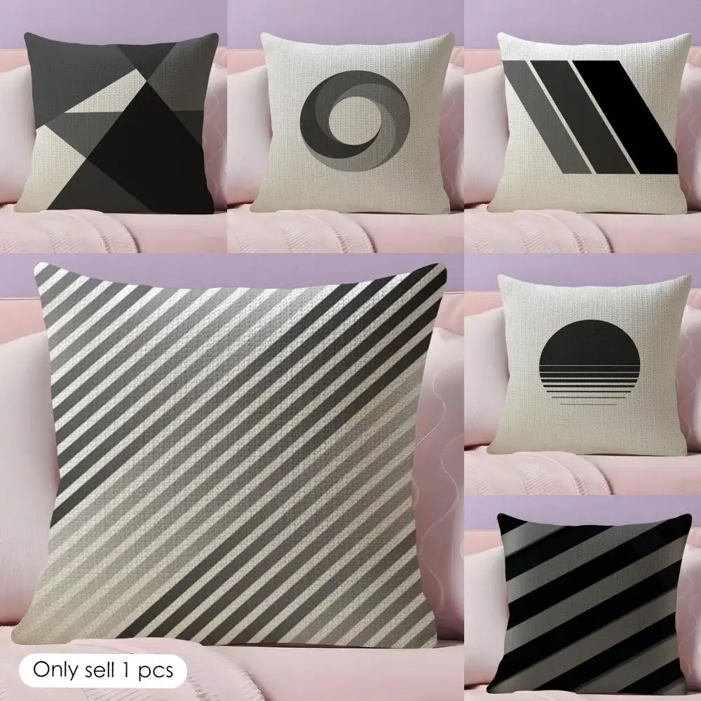 Black and White Gray Geometric Cushion Cover Natural Linen Double Sided Print  Throw Pillow Case for Sofa Couch Home Decor