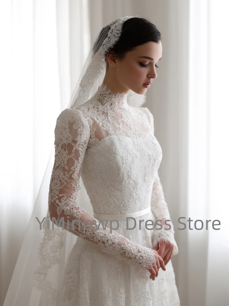 Elegante Civiele Trouwjurken Hoge Kraag Lange Mouw Bruidsjurk Kant A-lijn Sweep Trein Bruidsjurk Aangepaste robe de mariée