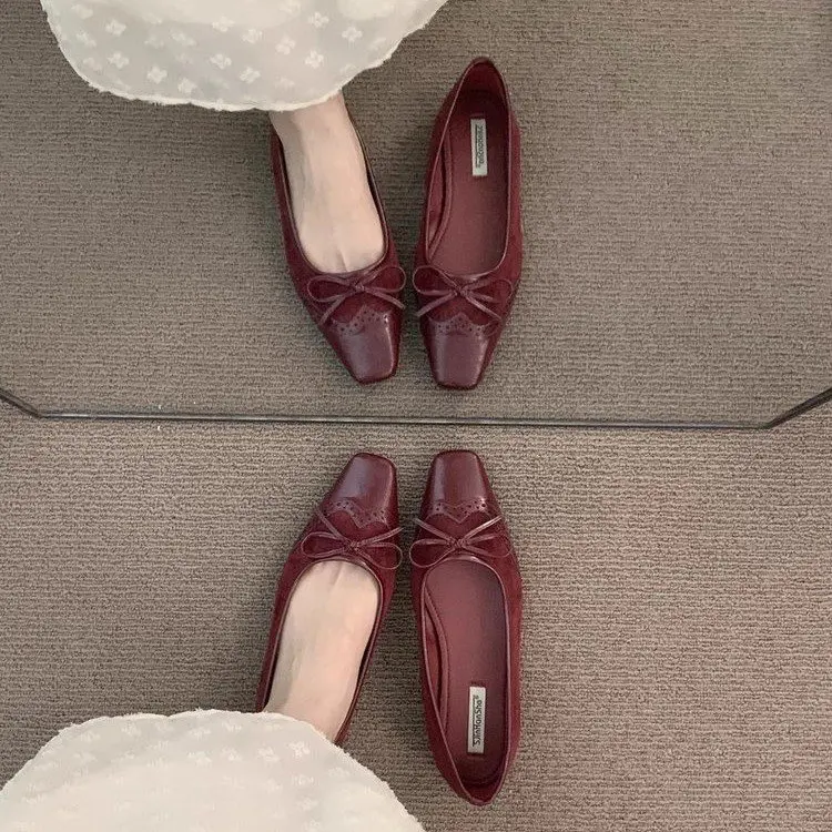 Women's Square Toe Bowknot Loafers Flat Shoes French Style Soft Sole Shallow Slip-Ons for Casual Office Comfortable Driving Shoe