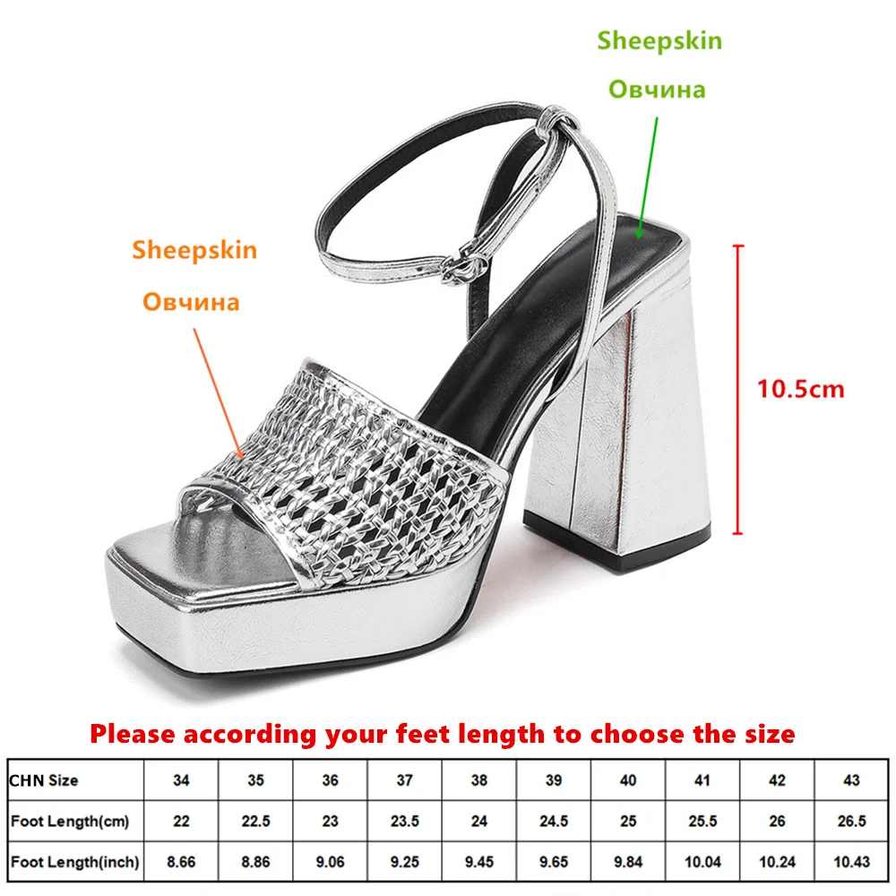 Aucegi Braided Genuine Leather Women Buckle Sandals Platform Chunky High Heel Square Peep Toe Fashion Summer Dancing Shoes