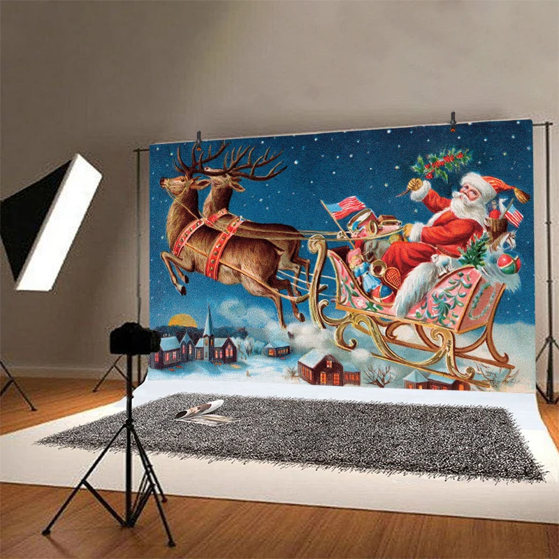 عيد ميلاد سعيد سانتا كلوز الخلفيات ، زينة حفلة عيد الميلاد الجدول ، خلفية التصوير الفوتوغرافي ، مزلقة الرنة ، الشتاء سنو صور راية