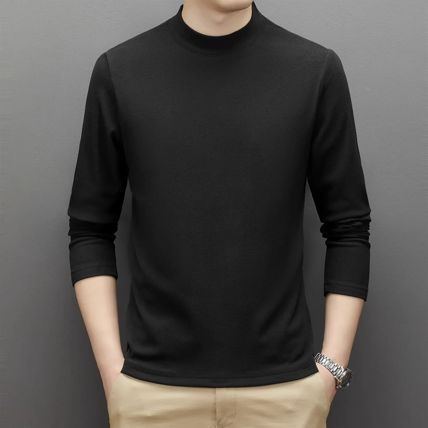 2023 new Half high collar bottoming shirt long-sleeved t-shirt men thickened handsome warm lining top