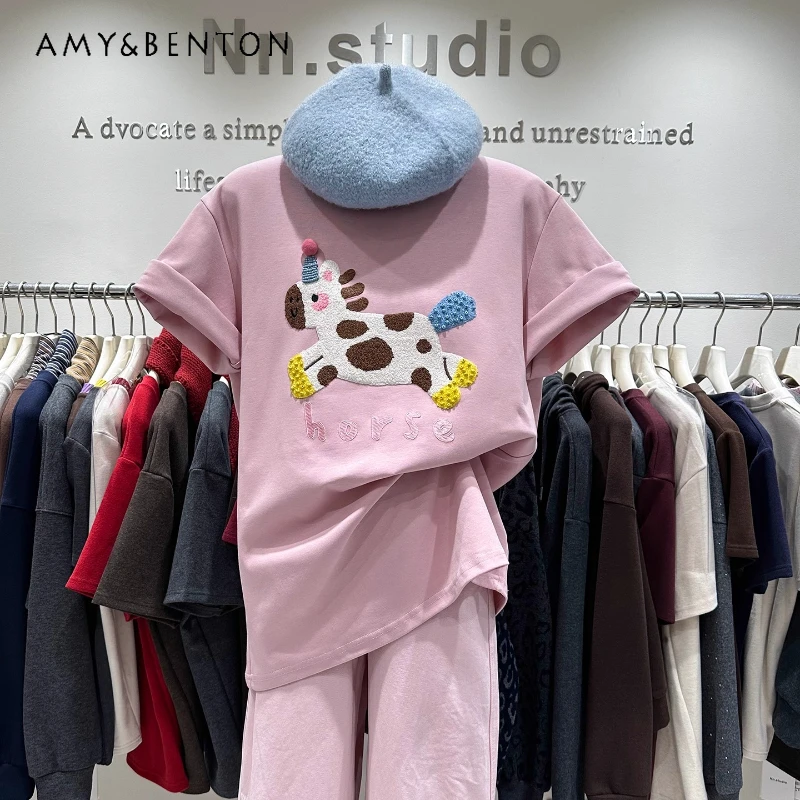 

Thickened Brushed Short Sleeves Large T-shirt Women's 2026 Early Spring Cartoon Stylish Youthful Mid-Length Bottoming Shirt Tees