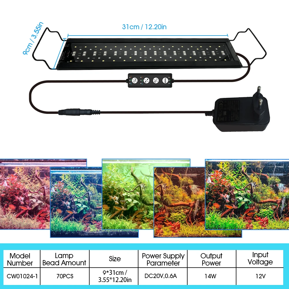 Aquariumbeugellamp, koel geheel zwart ontwerp, gemaakt van roestbestendig en duurzaam aluminiumlegering, verstelbaar met verschillende lichtkleuren, tijdschakelaarontwerp, beugellengte kan vrij worden