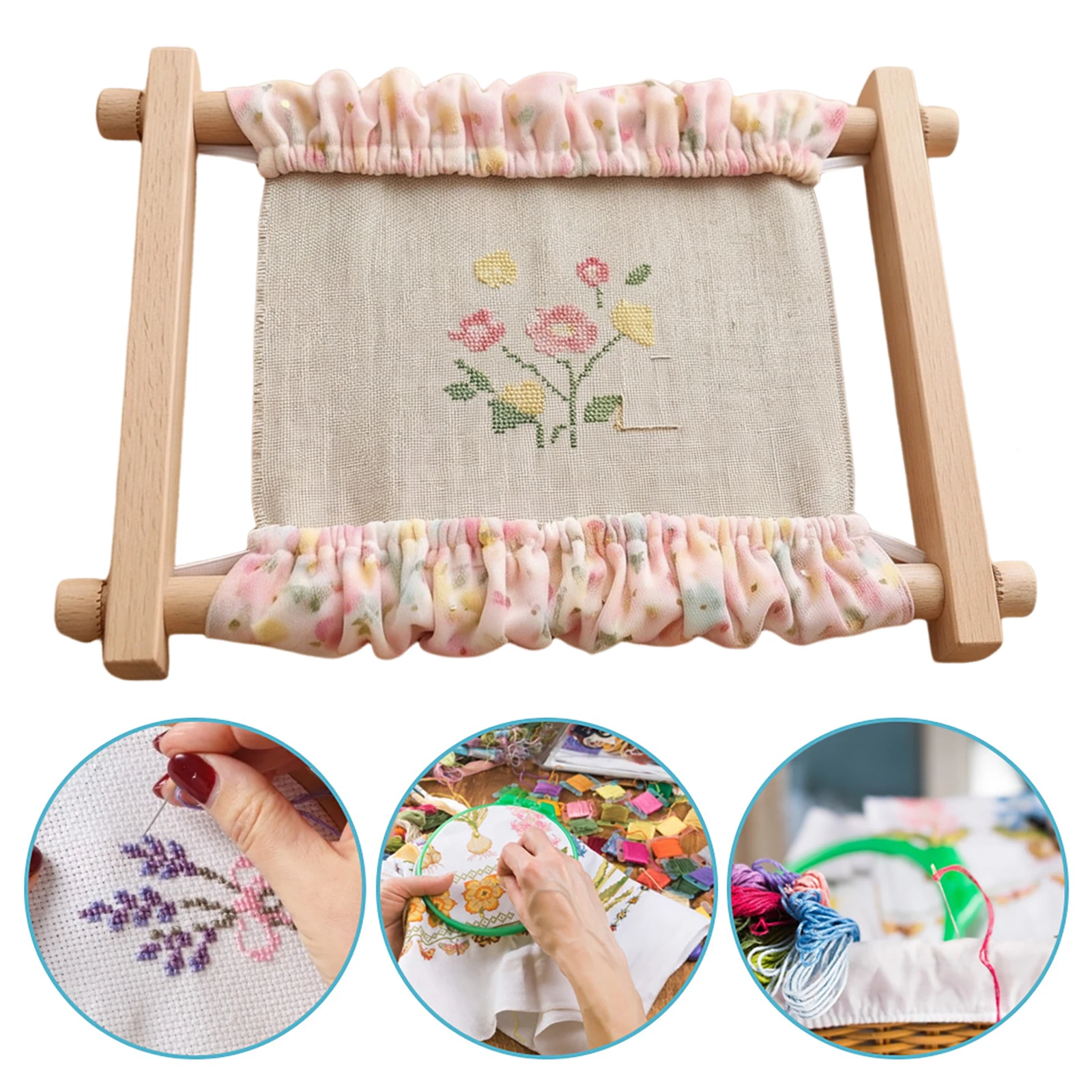 2Pcs Floral Cross Stitch Scroll Frame Split Rail Cover Adjustable Embroidery Hoop Grime Guard for Stitching Needlework Accessory