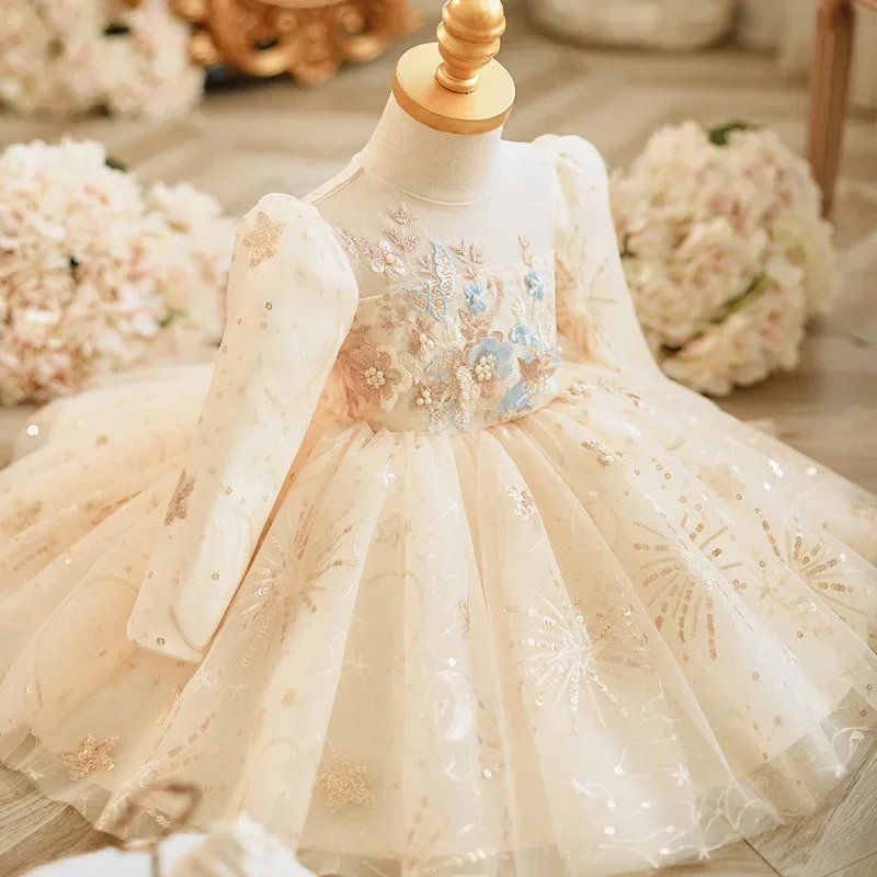 Champagne Lace Children Dress Appliques Baby Girl Princess Ball Gown Long Sleeve Flower Girl Wedding 1st Birthday Party Clothes