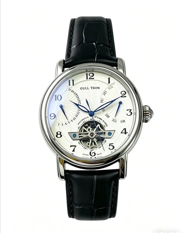 Men's Luxury Automatic Mechanical Watch, GULL TRON Skeleton Flying Wheel Movement, Day/Date Display, Blue Steel Hands, Genuine L