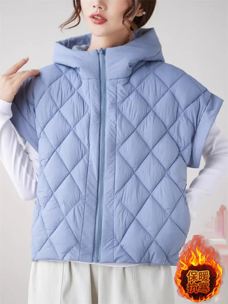 Loose Hooded Outerwear Women's Fashion Vest Simple Casual Solid Color Short Korean Version Versatile Top Quilted Jacket k2726