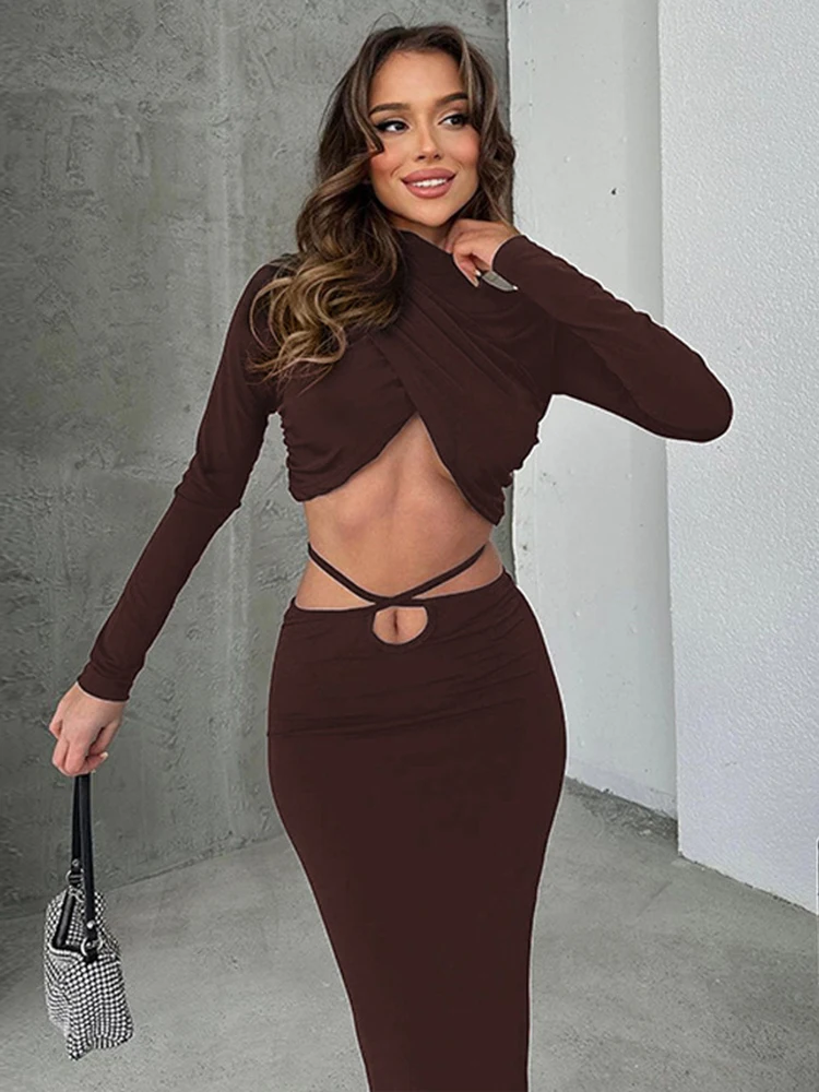 

TARUXY Fall New Skirts Suit Solid Color Long Sleeve Crop Top Twist Ruched Slim Lace Up Sexy Navel Exposed Skirt Matching Sets