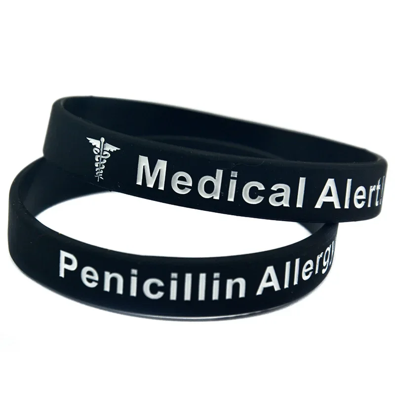 50 Stück Penicillin-Allergie-Silikon-Armband, medizinisches Armband zur Warnung im Notfall, 3 Farben. – Detail 4