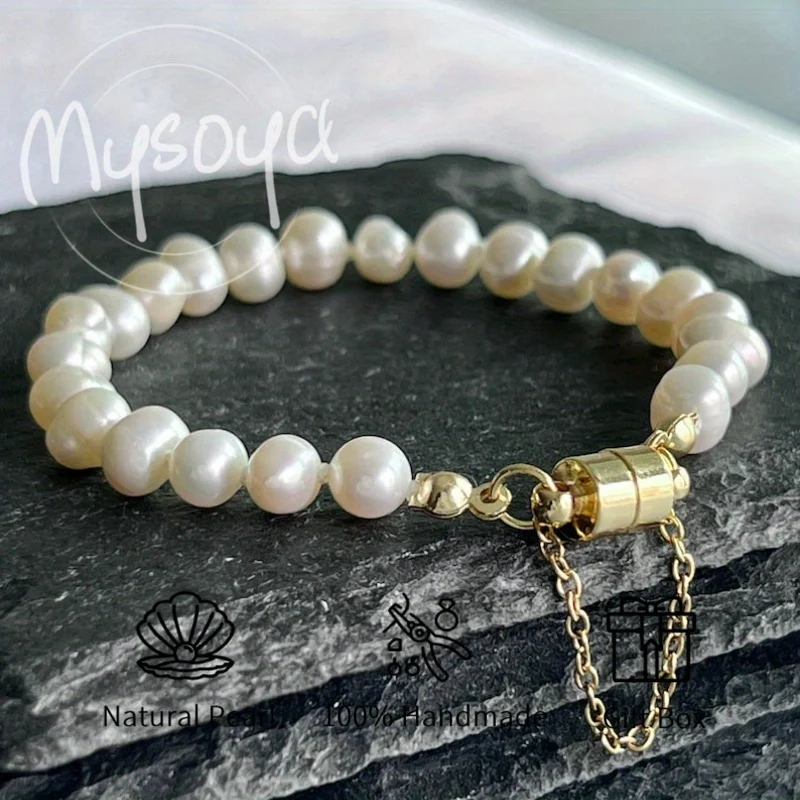 

MYSOYA 5-6mm Natural White Freshwater Pearl Bracelet For Women And Men With Gift Box Birthday Wedding Anniversary Jewelry Gift