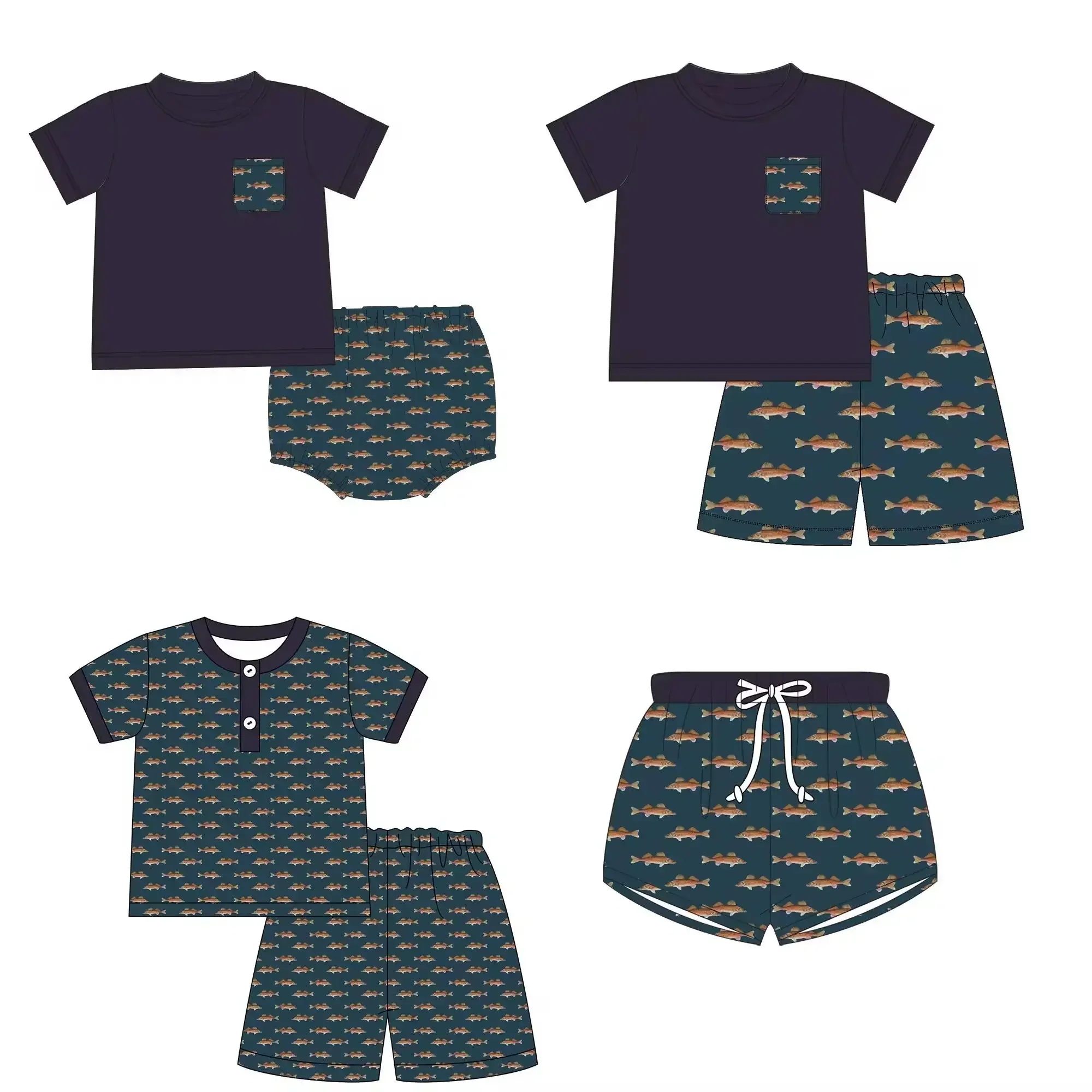 New summer boutique boys series short-sleeved pocket fish print shorts children's pajamas set baby romper shorts milk silk