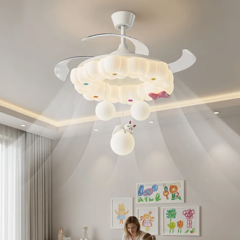 French Cream Style Restaurant Ceiling Fan Lights Creative Hanging Ball Cartoon Children's Bedroom Parlor Invisible LED Fan Lamps
