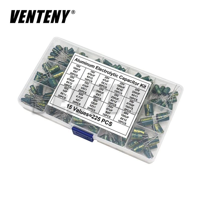 

225pcs/Box High Frequency Low ESR Aluminum Electrolytic Capacitor Kit 15Values 16V-50V 1uF-470uF Capacitance DIP Assorted Set