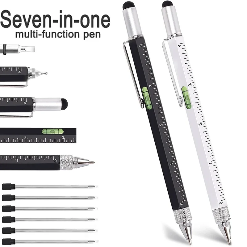 7 In 1 Multifunction Ballpoint Pen Touch Screen Stylus Capacitive Pen With Screwdriver Ruler Level Gauge Refillable Pencil Tool