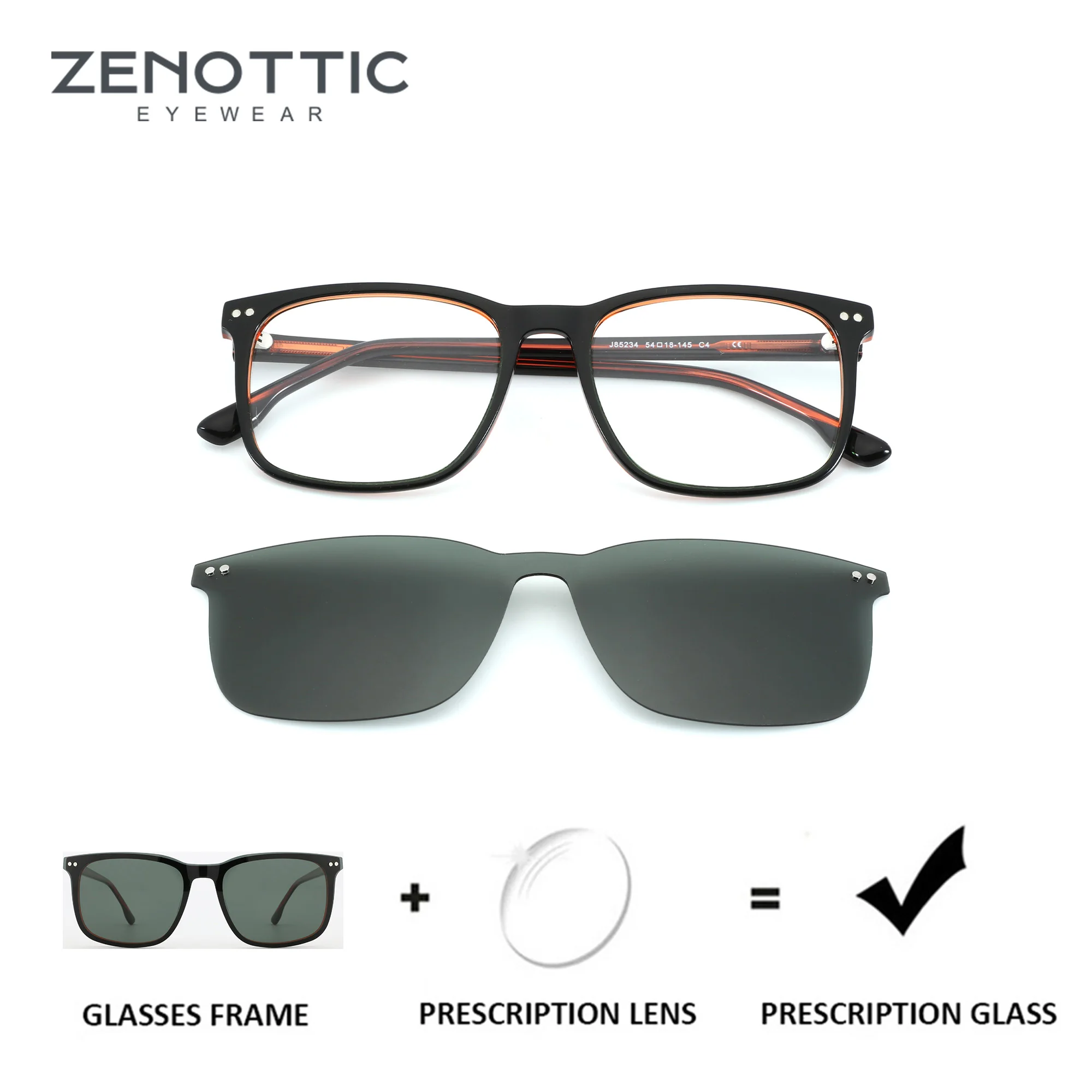 ZENOTTIC S Größe Quadratische Magnetische Clip-On Korrektionsbrille für Herren, Blaulichtfilter, Acetat, Myopie, Gleitsichtbrille