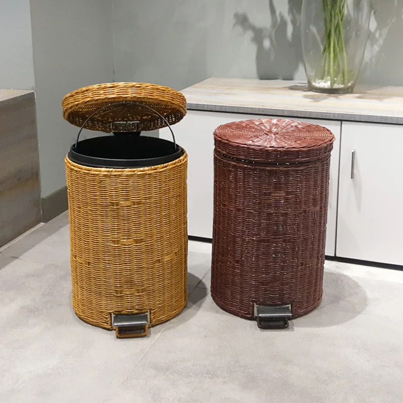 Rattan Home Waste Bin with Lid Nordic Style Foot Pedal Trash Can Minimalist Office Waste Paper Basket Kitchen Bathroom Dustbin