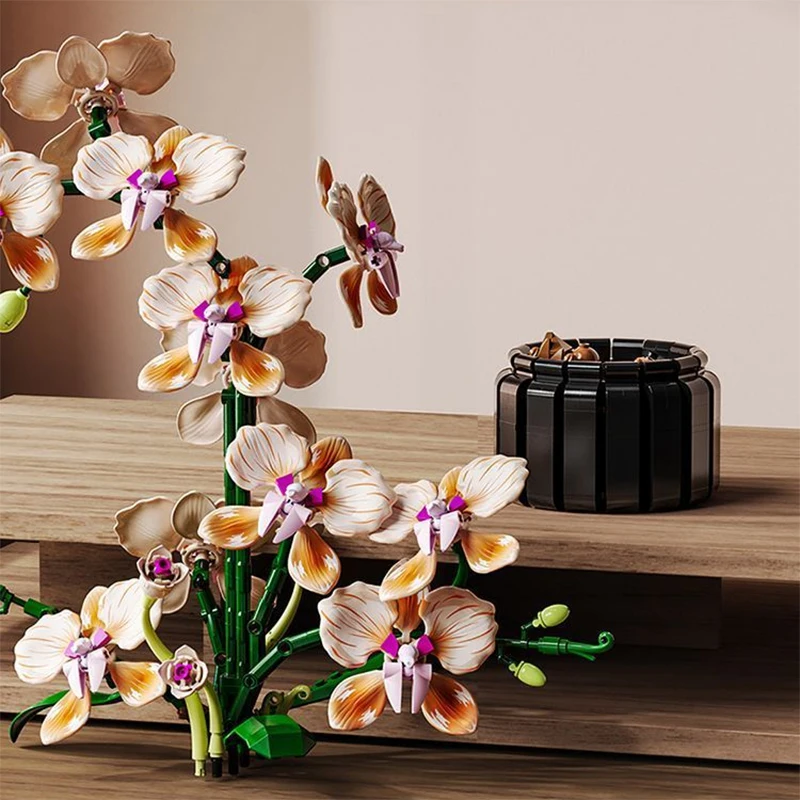 Kreativer Orchideen-Blumenstrauß, Blumen im Topf, Bausteine, unsterbliche Blume, Heim- und Schreibtischpflanzen-Dekoration, zusammenbaubares Baustein-Spielzeug, Geschenk für Teenager. – Detail 13