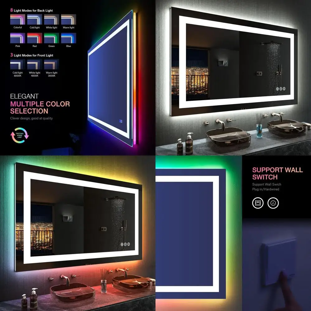 

Зеркало для ванной комнаты со светодиодной подсветкой 40x24, противотуманное, RGB с регулируемой яркостью и передним освещением, настенное зеркало из закаленного стекла с функцией памяти