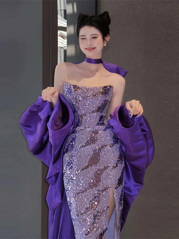 Fioletowa Sukienka Wieczorowa na Ramiączkach dla Kobiet na Wesele, dla Gospodyni, z Trenem, z Cekinami, dla Nowej Panny Młodej, na Wieczór, w Kolorze Wina