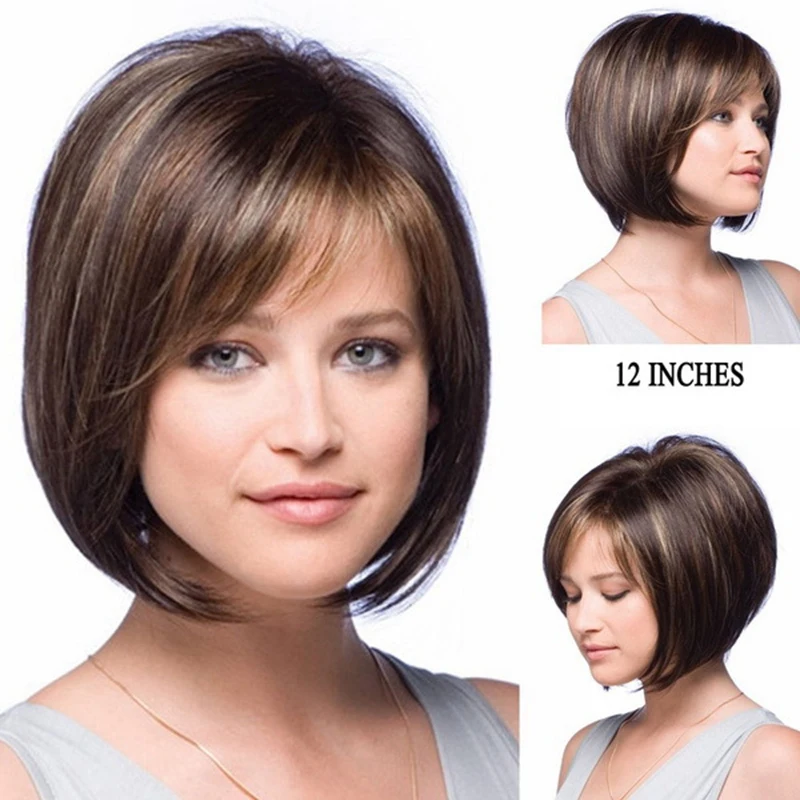 Perucas curtas de Bob retas, cabelo humano virgem brasileiro, perucas completas, cor marrom, 40cm