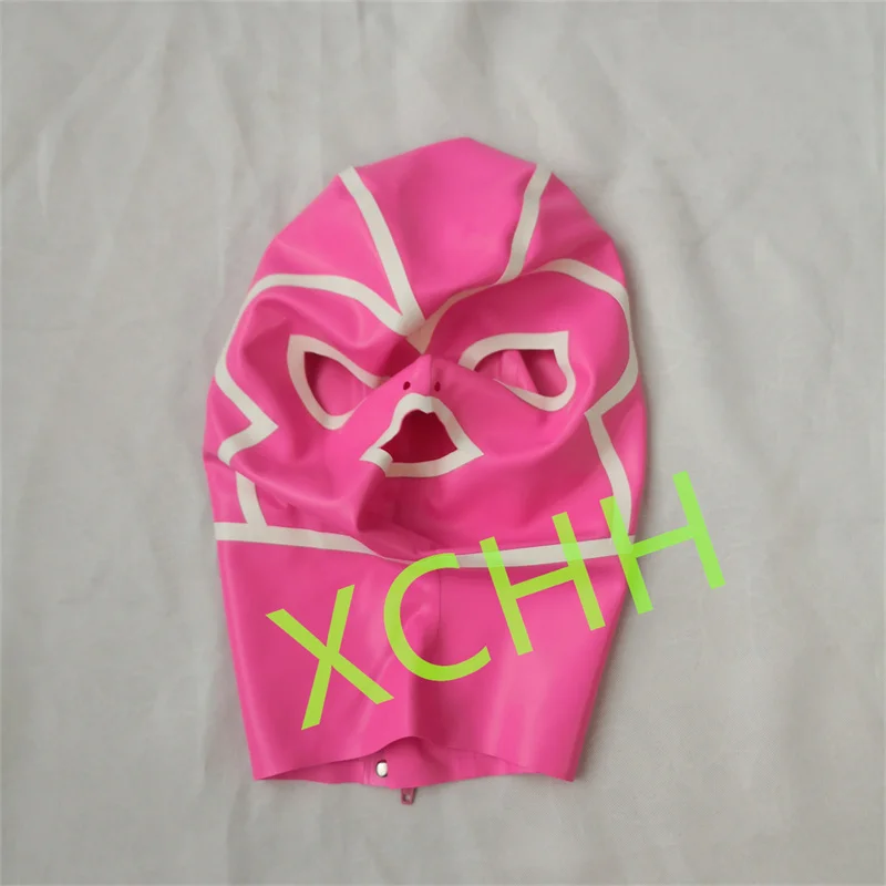 

Handmade Latex Hood Rubber Mask Pink with White Back Zip Sexy Fetish Headgear Customize Halloween Cosplay Costume