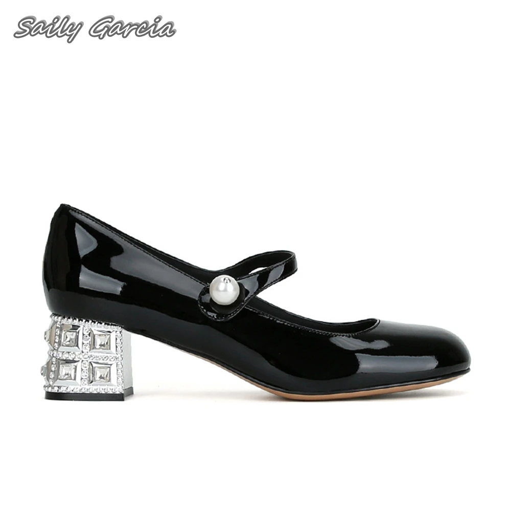 

Glossy Buckle Strap Shallow Crystal Heel Pumps 2024 Summer New INS Style Luxury Party Shoes Round Toe Mid Heel Casual Shoes