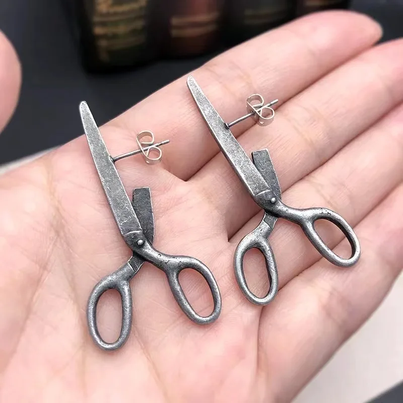 Dark Gothic Vintage Imitation Scissors Exaggerate Earrings For Men Women Goth Punk Silver Color Halloween Fashion Jewelry Gift