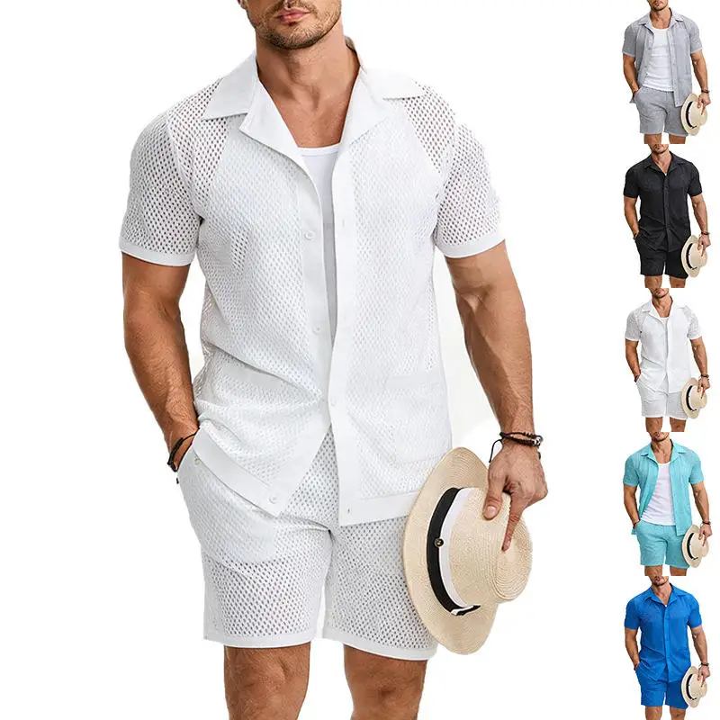 

Men's Summer Beach Hawaii See-through Shirt Short Sleeve Short Pants Set Young Men's Fashion Casual Wear