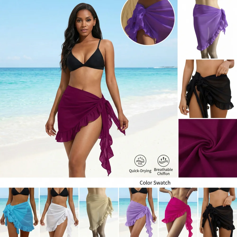 

Women Swimsuit Bikini Cover-Ups Skirt Summer Solid Color Beach Wrap Skirt Swimwear Female Ruffles Trim Lace Up Sarong Cover Ups