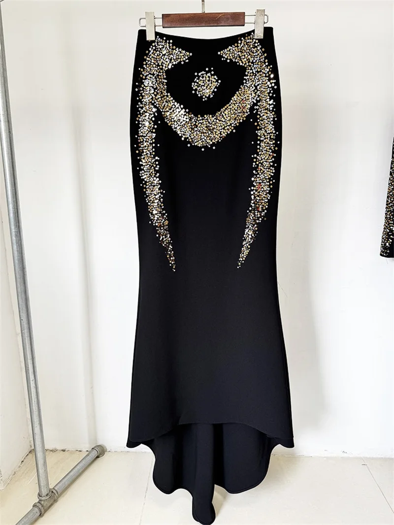 Błyszcząca Sukienka Balowa z Cekinami Czarna Seksowny Zestaw 2-częściowy Spódnica i Top z Długim Rękawem Suknia Wieczorowa na Przyjęcie Formalna Sukienka dla Gościa Weselnego Urodzinowa Sukienka Wieczorowa