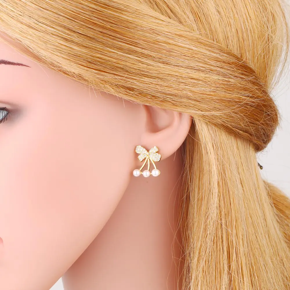 FLOLA Sweet White Pearl Cherry Earrings for Women Copper CZ Crystal Moon Earrings Small Jewelry Gifts ersa015