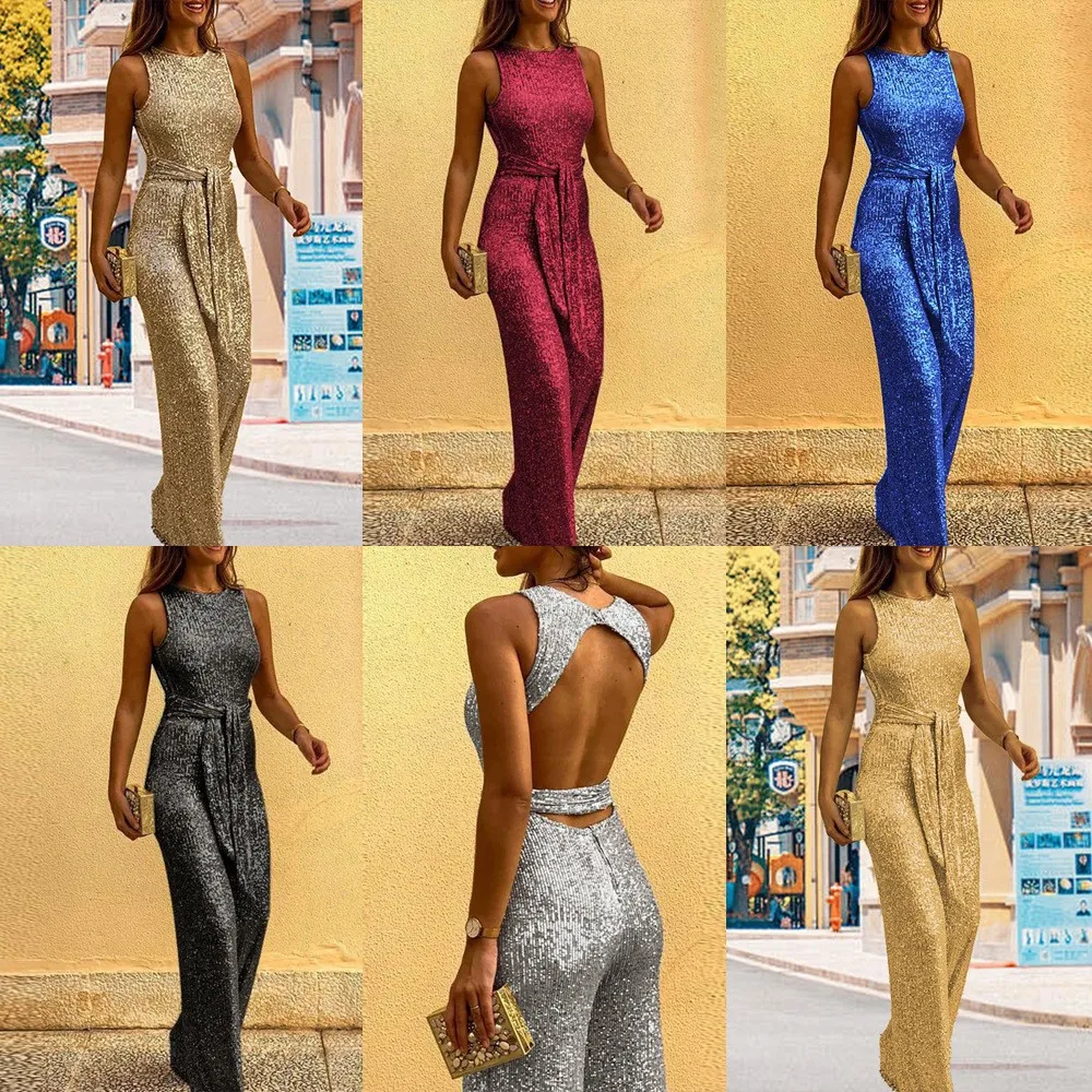 New Summer Jumpsuit Round Neck Sleeveless Personalized Sequins Silver Dot Women's Clothing