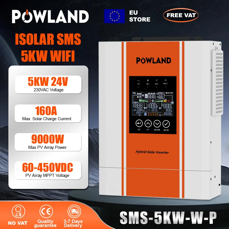 POWLAND 5000W 5KW Onduleur Solaire Hybride 24V Onde Sinusoïdale Pure Prise en Charge Lithium BMS Mode Sans Batterie MPPT CE EU STORE RS485 RS232 CAN