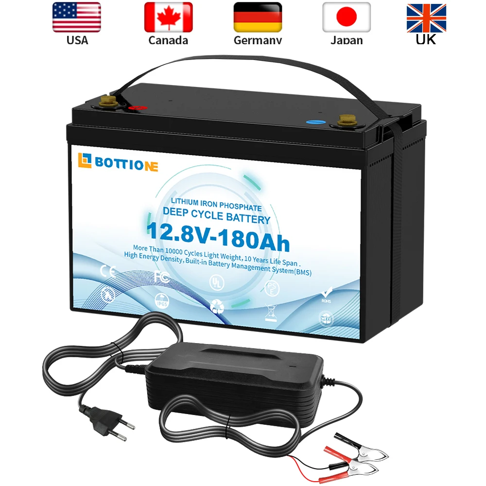 EU Stock BOTTIONE Lifepo4 Battery 12.8V 180Ah 300Ah Lithium Battery With BMS Solar Power System With Charger 12v 300Ah 12v 180Ah