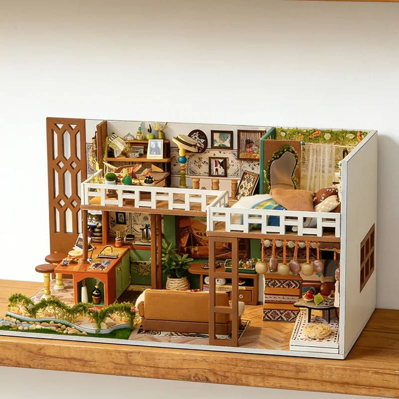 

Деревянный кукольный домик в стиле бохо, миниатюрная модель с набором мебели, 3D-конструктор для детей и взрослых, подарок на день рождения
