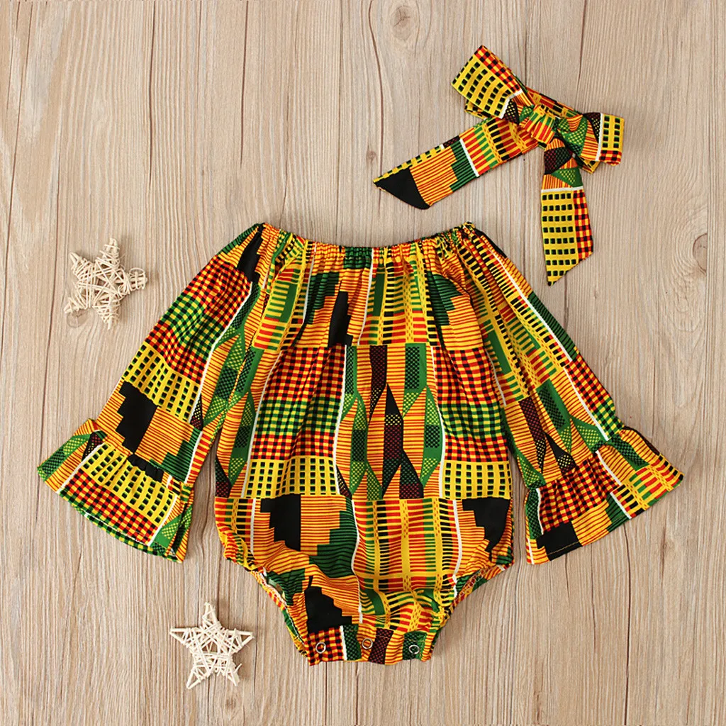 0M-6M-12M-18M-24M Baby Romper Clothes Toddler Girls African Ethnicity Print Bodysuits With Hairband Long Sleeve Romper&Jumpsuit