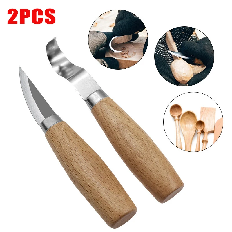 1/2pcs Woodcarving Knife Chisel Stainless steel Cutter DIY Wood Handle Spoon Carving Knife Woodwork Sculptural Woodcut Tools