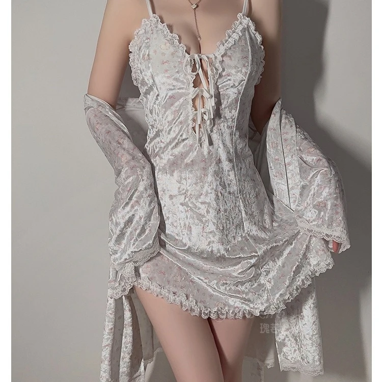 

Велюровый домашний костюм-комплект из 2 предметов для женщин: ночной халат, кимоно, пеньюар, ночная сорочка, домашняя одежда с кружевом